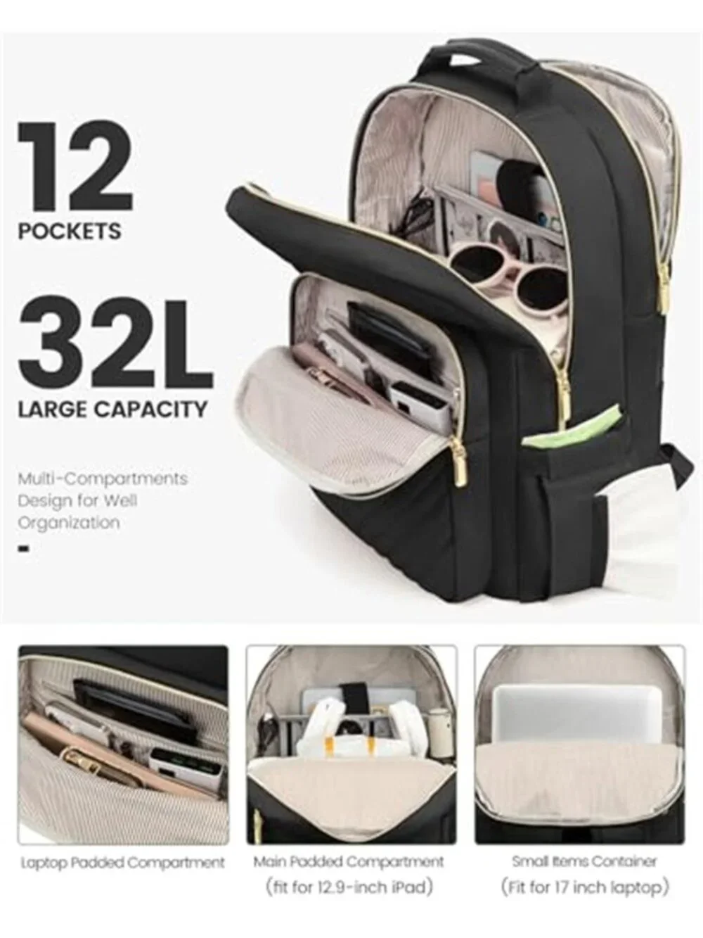 Women's 17 Inch Laptop Backpack Travel Work Business College USB Port Black Bags